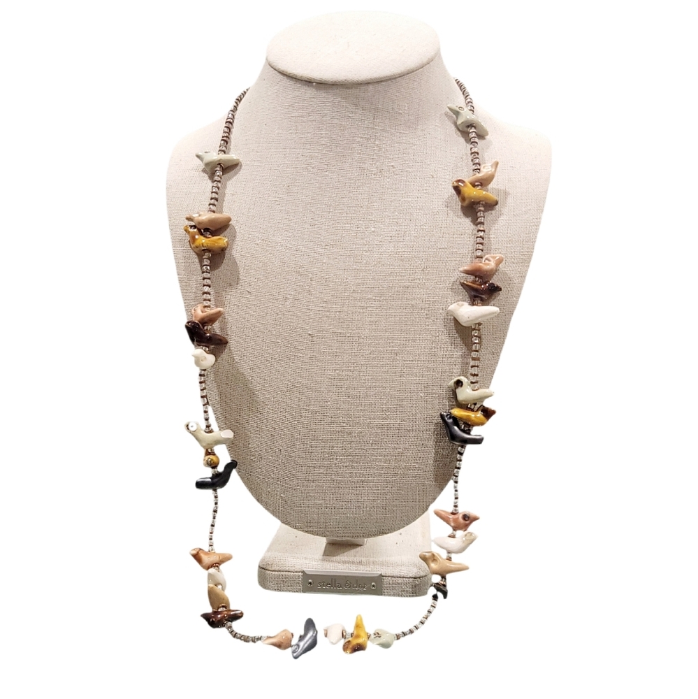 31" VNTG Native American  Clay Artisan Bird Fetish Heshi and Copper Necklace